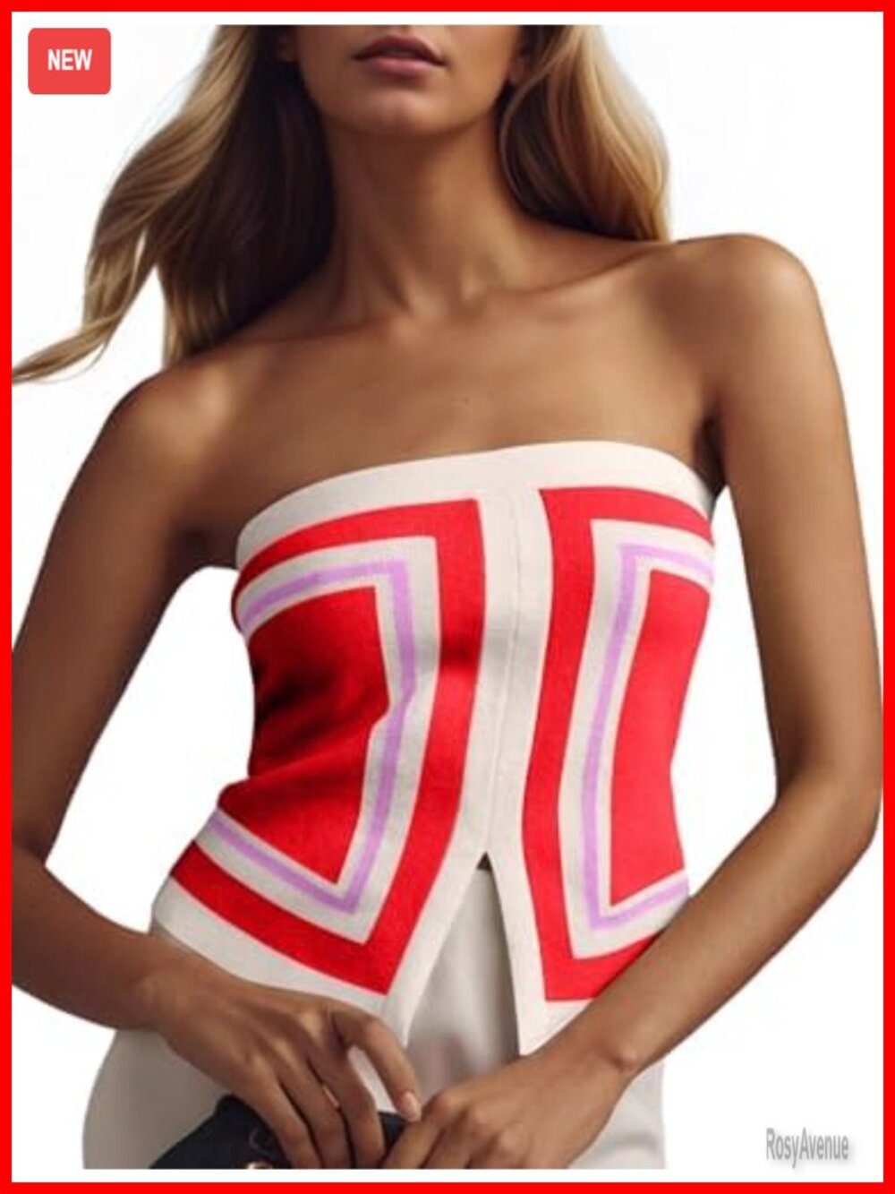 Womens Color Block Strapless Bandeau Crop Tube Top Front Slit